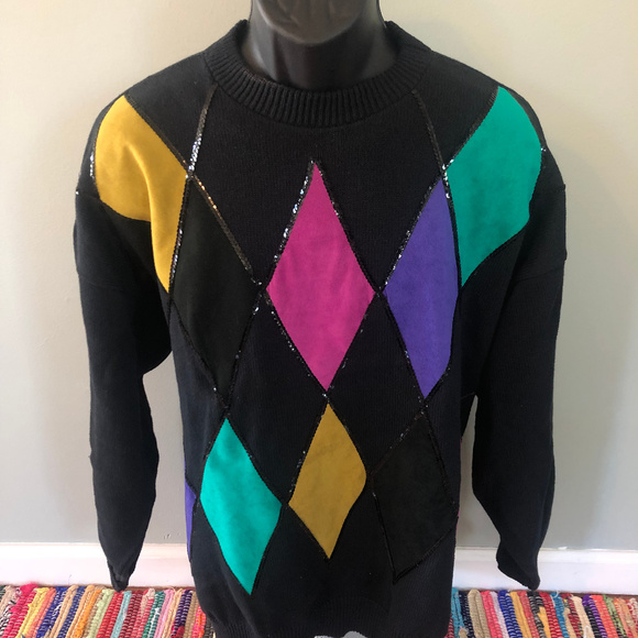 Vintage Sweaters - 80s Suede Argyle Sequin Sweater Rainbow XL